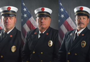 Three Portraits of Battalion Chiefs in front of draped American Flag