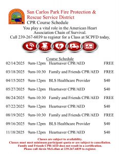 02/14/2025 9am-12pm Heartsaver CPR/AED FREE
03/18/2025 9am-10:30 Family and Friends CPR/AED FREE
04/15/2025 9am-12pm BLS Healthcare Provider $40
05/27/2025 9am-12pm Heartsaver CPR/AED $40
06/24/2025 9am-10:30 Family and Friends CPR/AED FREE
07/22/2025 9am-12pm Heartsaver CPR/AED $40
08/19/2025 9am-10:30 Family and Friends CPR/AED FREE
09/16/2025 9am-12pm BLS Healthcare Provider $40
11/18/2025 9am-12pm Heartsaver CPR/AED $40